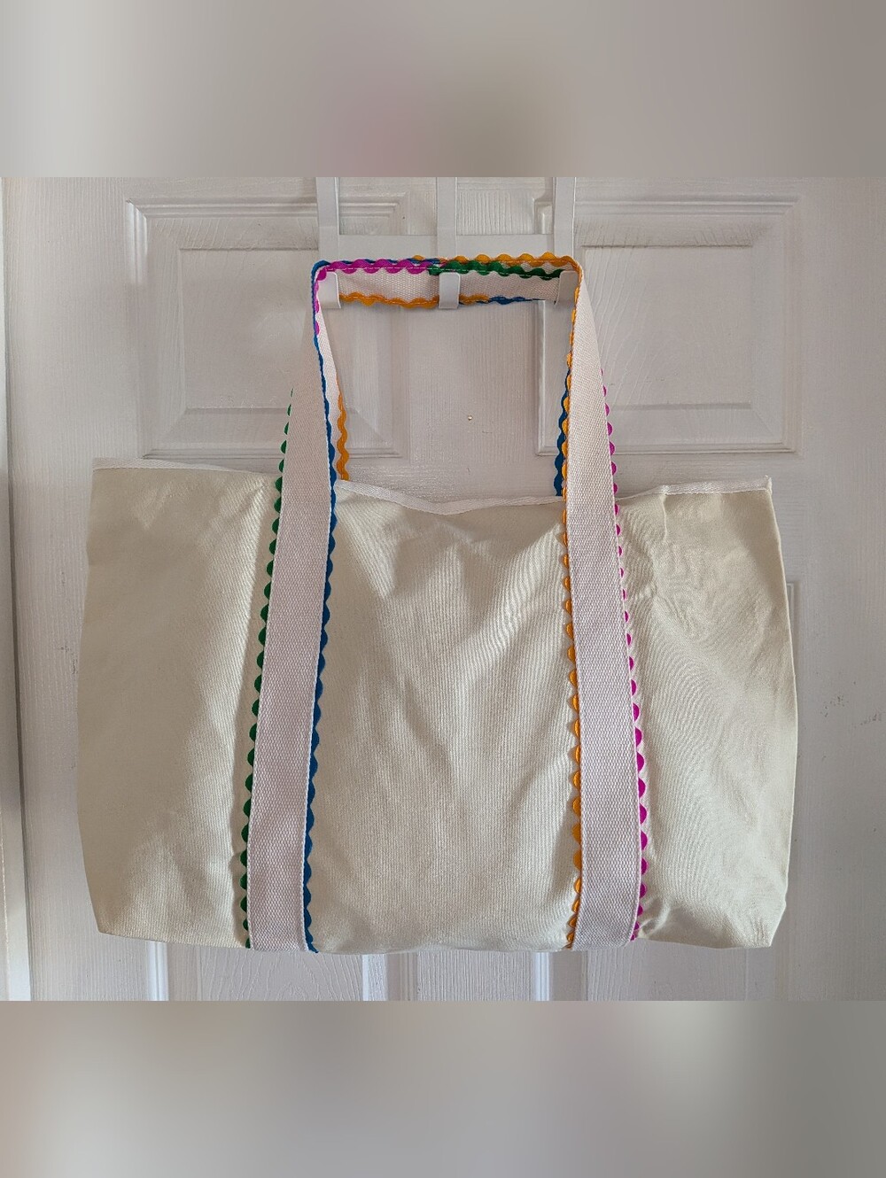 Canvas Tote Bag for, Rainbow Rick Rack Trim Handbag, Large Shoulder - Picture 9 of 16